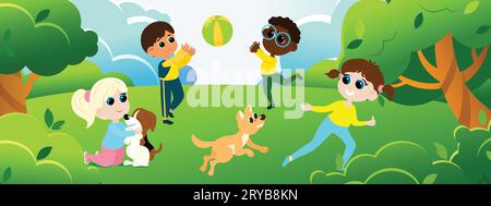 A group of international children are playing in a green park. In the meadow, a girl hugs her dog, runs with a pet, boys play ball. Spring and summer Stock Vector