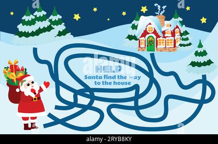 Labyrinth game for children Help Santa Claus to find the way to the house. A Christmas game with a cute character. Worksheet for kindergartens and sch Stock Vector