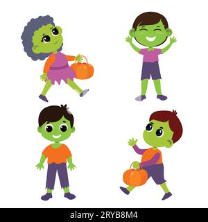 Set of children in zombie costumes with baskets in their hands. Halloween illustration in cartoon style isolated on white background. Stock Vector