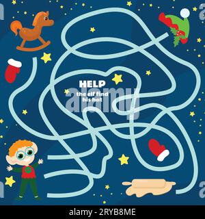 Christmas maze game for children. Help the elf find his hat. Vertical worksheet for kindergartens and schools. Stock Vector