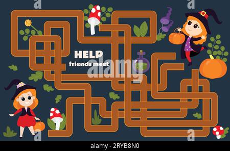 Labyrinth game for children Help the witch meet her friend. A Halloween game with a cute character. Worksheet for kindergartens and schools. Stock Vector