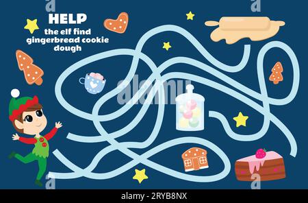 Maze game for kids Help the elf find the gingerbread cookie dough. A Christmas game with a cute character. Worksheet for kindergartens and schools. Stock Vector