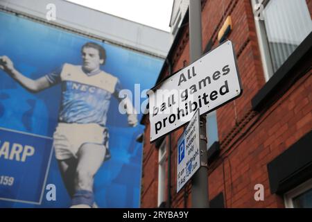 Goodison Park, Liverpool, UK. 30th Sep, 2023. Premier League Football, Everton versus Luton Town; a no ball games sign in Goodison Road Credit: Action Plus Sports/Alamy Live News Stock Photo