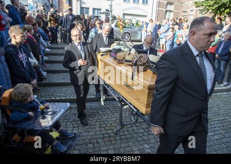 Lessines, Belgium. 30th Sep, 2023. Illustration picture shows the funeral  ceremony for Belgian singer and producer Francis Jean 'Lou' Deprijck, in  Lessines, Saturday 30 September 2023. Deprijck died on 19 September at the  age of 77. H was best known for