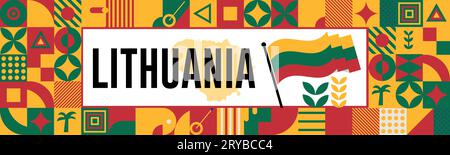 Lithuania national day banner with map, flag colors theme background and geometric abstract retro modern colorfull design with raised hands or fists. Stock Vector