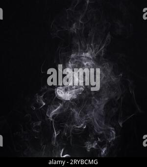 White smoke, creative and art on black background, fog and pattern in vapor, mist and incense. Fumes, smog and steam or air, gas and dry ice effect in Stock Photo