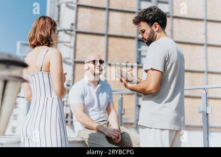 Successful Business Partners Discussing Construction Project in Urban Area Stock Photo