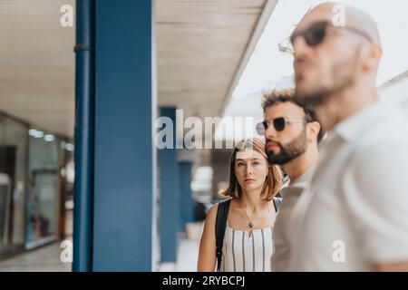 Young adults brainstorms outdoors. Corporate team discussing campaign stats for profitable marketing alliances. Smart casual, remote work. Stock Photo