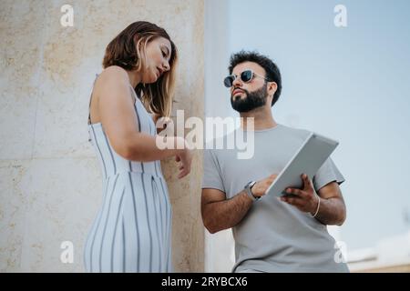A determined group of business professionals discuss work outdoors. Using a tablet, they analyze statistics and explore new opportunities, committed t Stock Photo