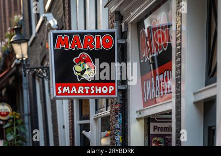 Amsterdam, The Netherlands, 29.09.2023, Logo and exterior of Smartshop Mario in Amsterdam, selling psychoactive mushrooms Stock Photo