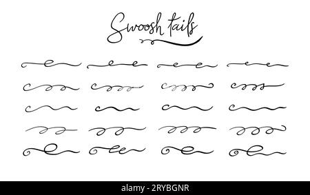 Swoosh and swoops double underline typography tails shapes. Brush drawn thick curved smears. Hand drawn collection of curly swishes, swashes, squiggle Stock Vector