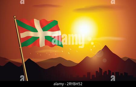 Basque lands flag with sunset background of mountains and lakes Stock Vector