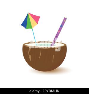 Coconut glass with straw and umbrella. Vector illustration. Stock Vector