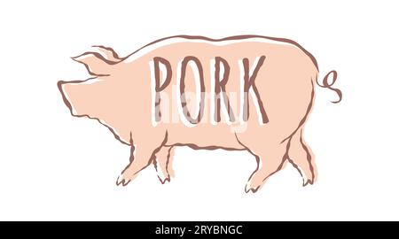 Vector illustration of pig in hand drawing style. Vector icon for food from pork. Pig. Stock Vector