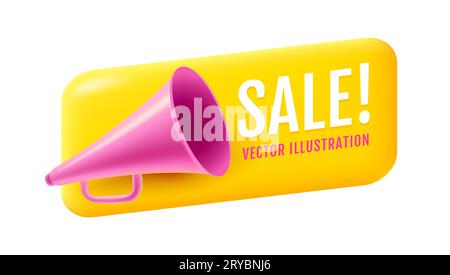 Vector vintage pink megaphone on yellow banner in realistic 3d style. Vector illustration of retro loudspeaker on yellow background. Stock Vector