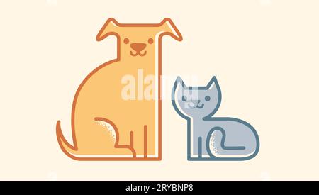 Vector flat illustration of cat and dog. Vintage emblem with pets. Cat and dog. Stock Vector