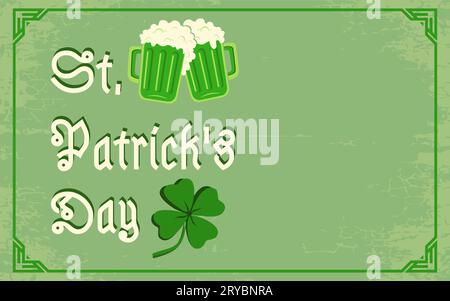 Vector vintage poster with clover and beer for Patrick's day. Green clover and two beer mugs. Stock Vector