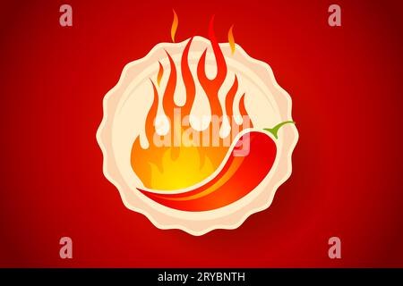 Vector chilli icon with fire. Vector logo with red chili with flame. Retro emblem with hot chilli and fire. Stock Vector