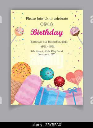 birthday invitation card with cupcake, ice cream, cake pops, gifts and confetti, vector greeting card Stock Vector