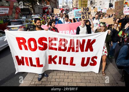 London, UK. 30th Sep, 2023. Climate activists, including XR and Oily Money Out, rally against Rosebank oilfield outside the Energy Security and Net Zero Department before marching through Whitehall toward Parliament Square. Credit: Sinai Noor/Alamy Live News Stock Photo