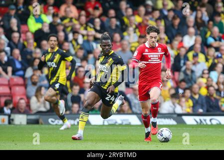 Watford, UK. 30th Sep, 2023. Hayden Hackney #7 of Middlesbrough runs at the Watford defence during the Sky Bet Championship match Watford vs Middlesbrough at Vicarage Road, Watford, United Kingdom, 30th September 2023 (Photo by Arron Gent/News Images) in Watford, United Kingdom on 9/30/2023. (Photo by Arron Gent/News Images/Sipa USA) Credit: Sipa USA/Alamy Live News Stock Photo