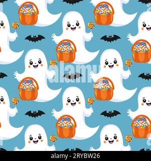 Background with Halloween ghost, pumpkin basket with candies, bat on a blue background. Seamless Halloween pattern. For wallpaper, gift paper, fabric, Stock Vector