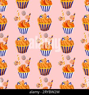 Romantic cupcakes in striped cups with candies on a stick on a pink background. Cute cartoon baked goods. Seamless pattern with sweets and confectione Stock Vector