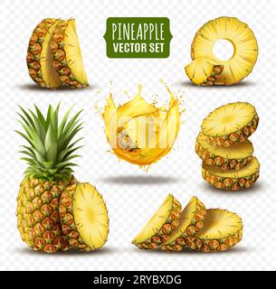 Pineapple slices. Realistic exotic fruit. Yellow juice. Water splash. Half cut and whole ananas. Tropical fresh. Refreshing drink. Natural dessert. Chopped pieces. Vector isolated food elements set Stock Vector