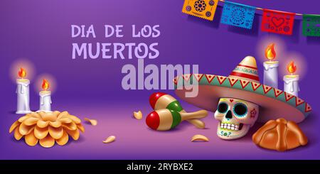 Dead day. Dia de Muertos. 3D Mexican Halloween banner design. Maracas and sombrero hat. Honor of skull. Candles fire. Catrina bones. Holiday celebration. Carnival in Mexico. Vector render background Stock Vector