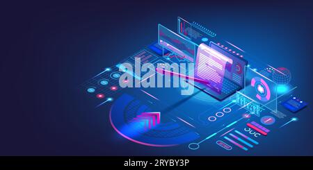 Smart contract. Digital technology. 3D laptop and virtual document paper. Signing pen. Bank law. Secure computer application. Statistic infographic. Hologram diagram. Network dashboard. Vector concept Stock Vector