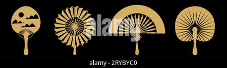 Paper fan. Golden silhouettes. Oriental folding souvenir. Japanese or Chinese isolated accessory. Asian pattern. Cooling handheld object. East traditional culture. Vector decorative flat elements set Stock Vector