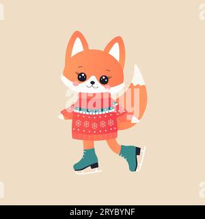 fox on skates. winter sports. isolated vector kids illustration Stock Vector