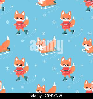 winter sports fox on skis, sledge, snowboard, skates. seamless pattern. on blue background Stock Vector