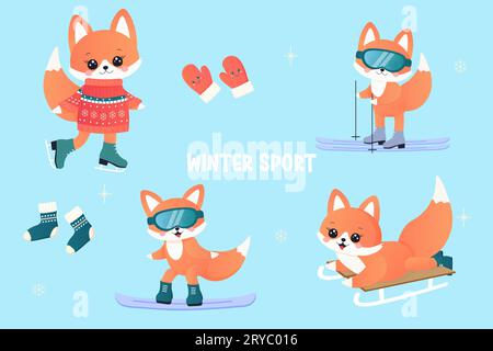 winter sports set. fox on skis, sledge, snowboard, skates. Vector illustration Stock Vector