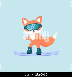 Fox on skis, snowboarding, fell in the snow, winter sports. Stock Vector