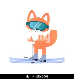 Fox on skis, snowboarding, fell in the snow, winter sports. Stock Vector