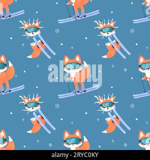 winter sports fox on skis, sledge, snowboard, skates. seamless pattern. on blue background Stock Vector