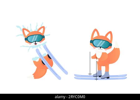 Fox on skis, snowboarding, fell in the snow, winter sports. isolated vector children illustration Stock Vector