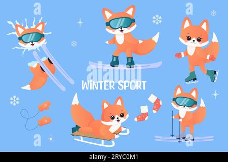 winter sports set. fox on skis, sledge, snowboard, skates. Vector illustration Stock Vector
