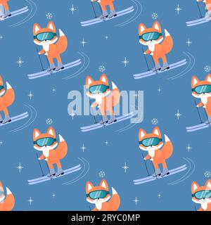 winter sports fox on skis, sledge, snowboard, skates. seamless pattern. on blue background Stock Vector