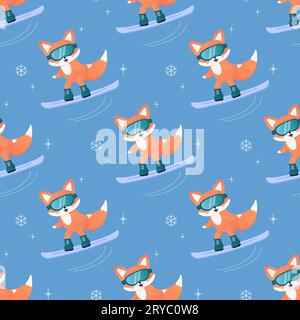 winter sports fox on skis, sledge, snowboard, skates. seamless pattern. on blue background Stock Vector