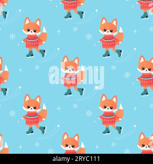 winter sports fox on skis, sledge, snowboard, skates. seamless pattern. on blue background Stock Vector