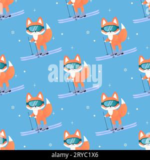 winter sports fox on skis, sledge, snowboard, skates. seamless pattern. on blue background Stock Vector