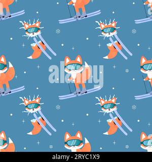 winter sports fox on skis, sledge, snowboard, skates. seamless pattern. on blue background Stock Vector