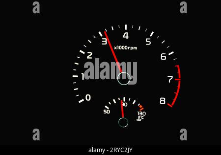 Dashboard with tachometer, odometer. Car detailing. Car dashboard shows 3 thousand rpm. Dashboard details with indication lamps. Modern interior of ca Stock Photo
