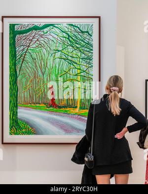 London, UK. 30th Sep, 2023. David Hockney, The Arrival of Spring in Woldgate, 2011, £255,000 in Clarendon fine art - The British Art Fair returns to the Saatchi Gallery. Top dealers from London and across the UK gather to present the best Modern British and Contemporary art and give specialist advice on collecting. It runs from 28 September to 1 October 2023. Credit: Guy Bell/Alamy Live News Stock Photo
