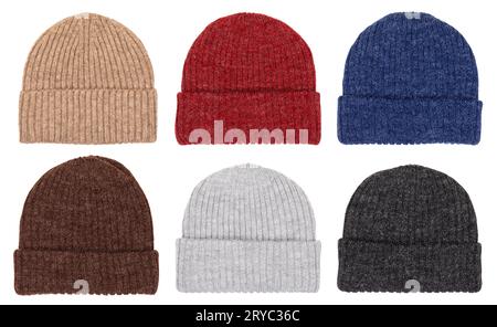 Collection of knit winter beanie hats of various colors isolated on white background Stock Photo