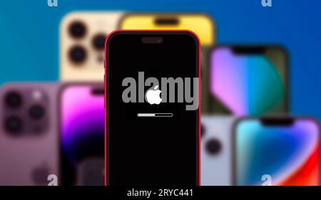 A conceptual high-detail close-up of an iPhone screen showing a futuristic software update for iOS 27, iOS 28, and iOS 29. This editorial image illust Stock Photo