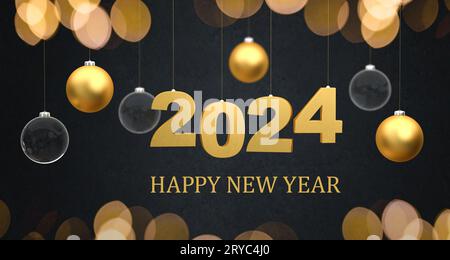 Happy New Year 2024 - the golden numbers 2024 hanging on strings surrounded by golden and transparent glass christmas baubles hanging on strings. Boke Stock Photo