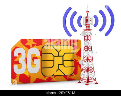 Sim card and telecommunication tower Stock Photo